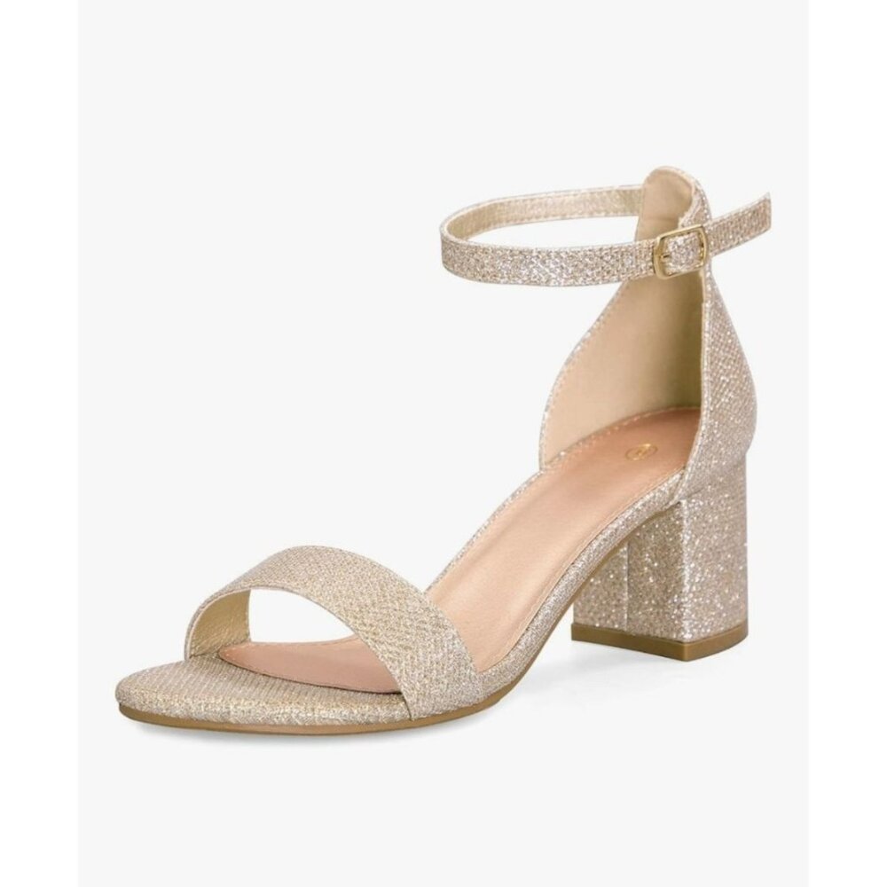 Mysoft Womens 8.5 Chunky Heels Open Toe Gold Glitter Ankle Strap Wedding Sandals